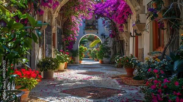 Fototapeta A courtyard with a lot of flowers and plants