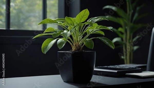 Fototapeta a plant in a black pot is on a desk