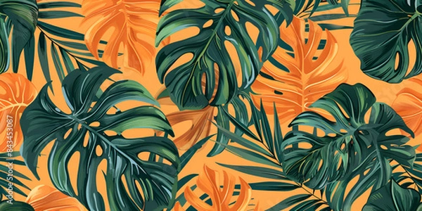 Fototapeta Tropical leaves hand drawn seamless pattern Botanic Tropical leaves background 