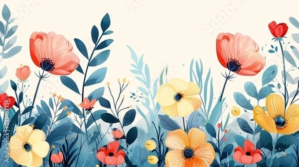 Fototapeta Beautiful watercolor illustration with vibrant flowers and leaves in a colorful, artistic pattern perfect for design and decor projects.