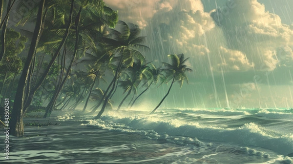 Fototapeta Tall, swaying palm trees bend under a dramatic rainstorm on a tranquil beach, waves crashing against the shore as the sky darkens with clouds.