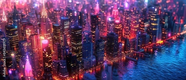 Fototapeta 8K resolution capture of a cityscape at twilight with illuminated buildings and vibrant colors