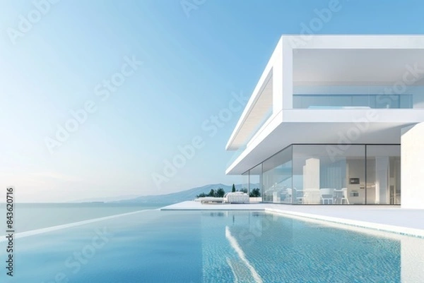 Obraz Modern White Villa With Infinity Pool Overlooking Ocean Coastline