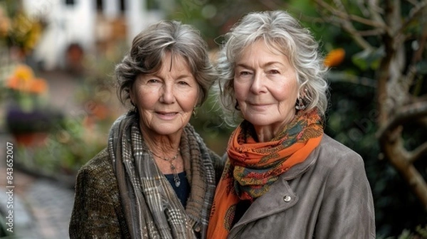 Fototapeta mature old women friends standing in the garden 