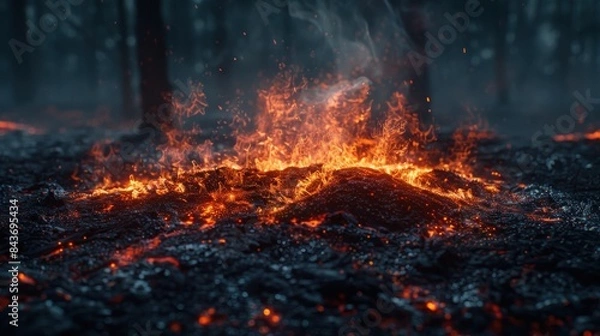 Fototapeta A burning forest floor with intense flames and charred debris, creating a dramatic and dangerous scene at dusk.