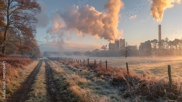 Fototapeta A panoramic view of a countryside, with a distant factory emitting pollutants into the air, illustrating the reach of industrial pollution in rural areas. Dramatic Photo Style,