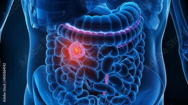 Fototapeta Colonoscopy Human X-Ray highlighting a tumor in the colon within the digestive system