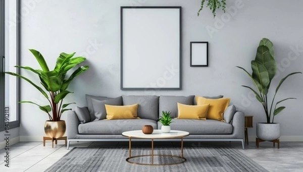 Fototapeta A gray sofa with yellow pillows and a coffee table in a living room interior, a blank frame on the wall mockup