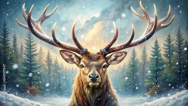 Fototapeta Majestic elk deer head with large, branching horns rendered in watercolor vector illustration, set against a serene, snowy winter background, evoking festive christmas spirit.