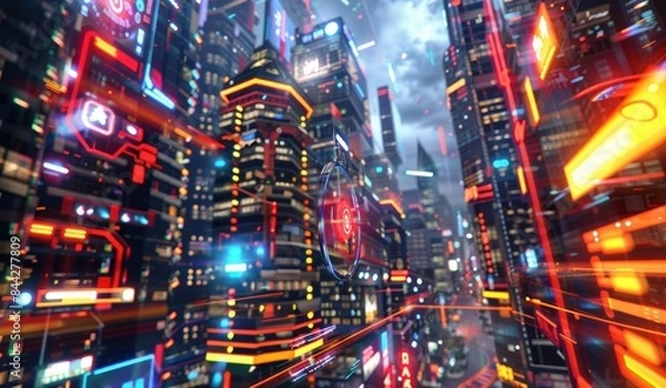 Fototapeta Vibrant futuristic cityscape with neon lights and towering skyscrapers, depicting a high-tech urban environment at night.