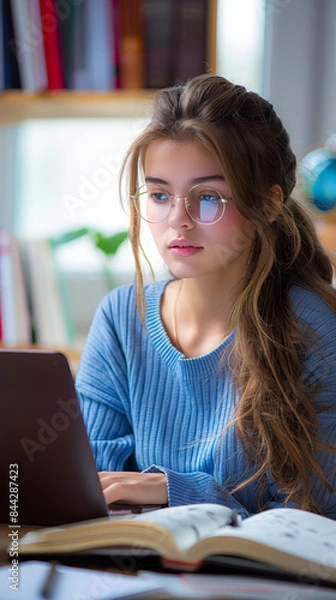 Fototapeta Teenage Girl Studying For Exams At Home Using Laptop Books Daytime Concentration Learning Concept