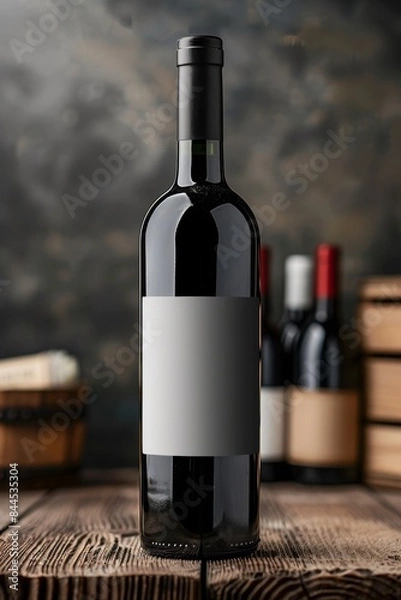 Fototapeta A Single Bottle of Red Wine With Blank Label on a Rustic Wooden Table