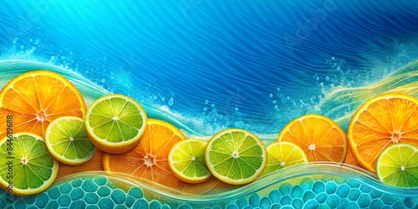 Fototapeta Slices of citrus fruits such as oranges and limes are neatly arranged against a vibrant background that simulates a wave of water. The composition exudes a refreshing, summery atmosphere.AI generated.