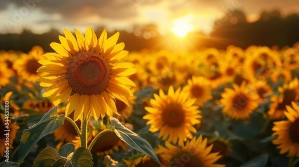 Fototapeta A vibrant sunflower field basks in the warm glow of the setting sun, creating a tranquil and hopeful scene in nature