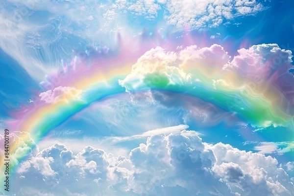 Fototapeta Dreamy Pastel Sky: Ethereal Watercolor Clouds with Rainbow Hues and Gentle Light