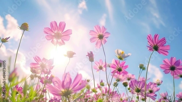 Fototapeta Blooming cosmos flowers under a sunny sky