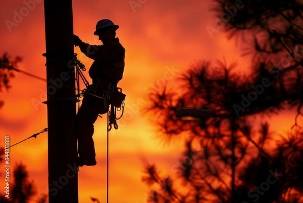 Fototapeta Silhouette of Electric Lineman at Sunset