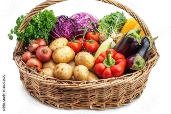 Fototapeta Assorted vegetables on white background potatoes tomatoes onions cabbage paprika zucchini eggplant