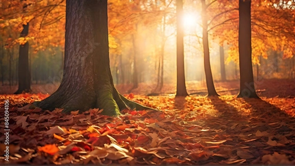 Fototapeta Computer wallpaper fall landscape, forest floor covered with fallen leaves and autumnal sun 