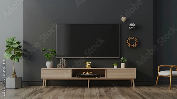 Fototapeta Cabinet for TV wall mounted in modern living room. Generative Ai