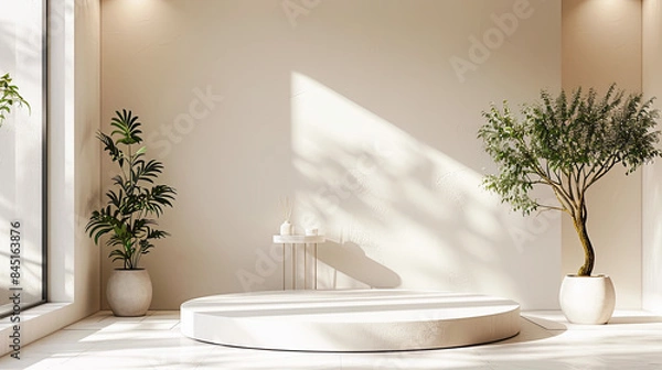 Fototapeta Empty White Round Podium Platform For Product Presentation with Plants, Sunlight and Window on Marble Floor Background 3D Rendering Interior Background