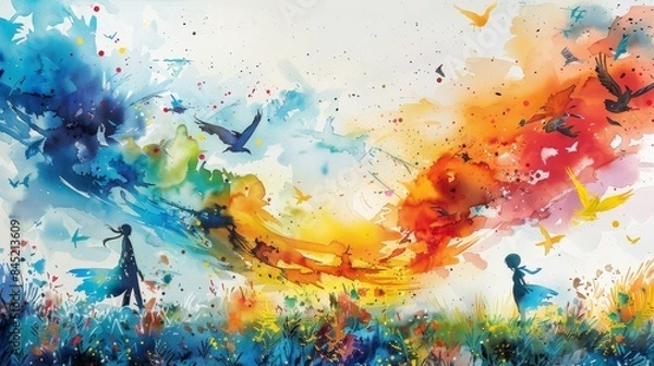 Fototapeta Dreamlike watercolor landscape with fantasy cartoon characters, colorful splashes of paint enhancing the scene