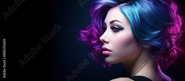 Fototapeta A captivating woman with dyed blue hair exposed shoulders and noticeable breasts poses sensually against a violet black backdrop The image offers copy space and is suitable for advertisements hairdre