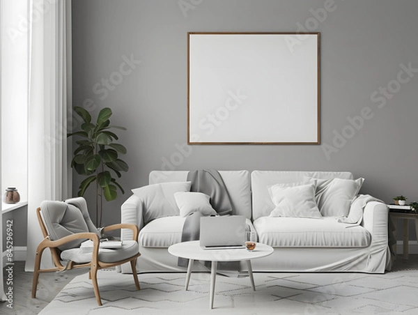 Fototapeta Living room with a white sofa and chair