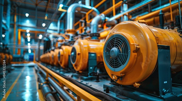 Fototapeta Industrial interior comprising HVAC (heating, ventilation, and air conditioning) systems, including chillers, boilers, and piping lines, installed within the boiler pump room of a factory construction