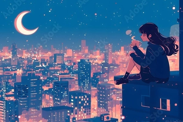 Fototapeta Rooftop Reflections: Anime Girl in Urban Setting. Anime girl sitting on building city cartoon illustration