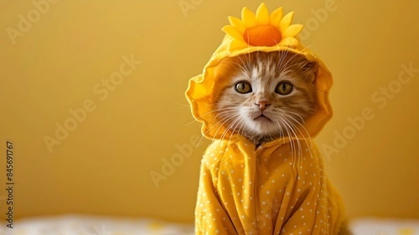 Fototapeta Adorable Feline Dressed as the Sun on Plain Golden Background with Copyspace