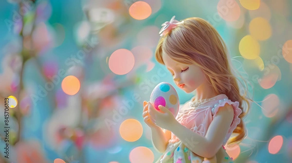 Obraz 3D cartoon long haired girl standing holding Easter eggs, blurred luminous background.