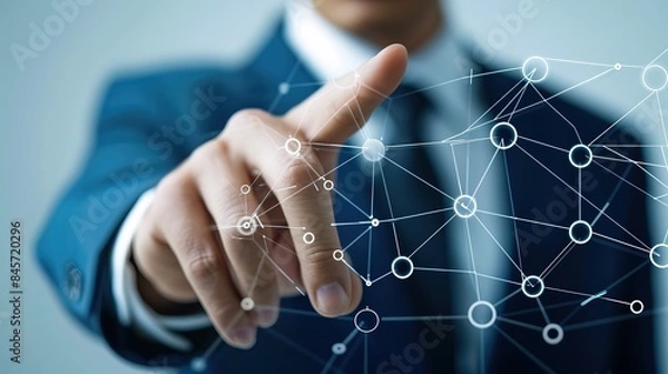 Fototapeta Businessman touching structure of business technology on data network 