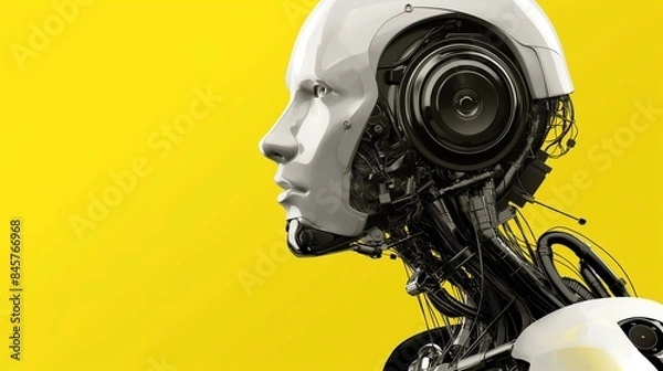 Fototapeta Profile of a sophisticated AI robot with complex wiring and components set against a bright yellow background, emphasizing the cutting-edge nature of modern technology.