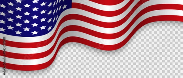 Fototapeta American flag waving in the wind on a transparent background. Banner for Independence Day 4th of July, Memorial, Veterans Day, freedom and democracy celebration.