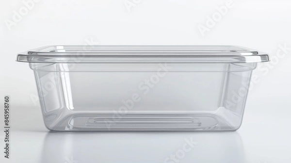 Fototapeta A clear, empty plastic food container set against a white background