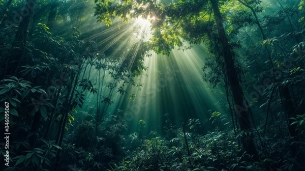 Fototapeta Sunlight rays filtering through dense forest foliage