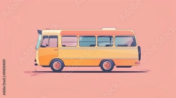 Fototapeta Retro illustration of a vibrant yellow and orange minibus on a pink background, perfect for travel-themed designs and vintage projects.