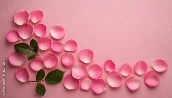 Fototapeta Pink rose petals on pink background, flat lay, top view with copy space for text or design 