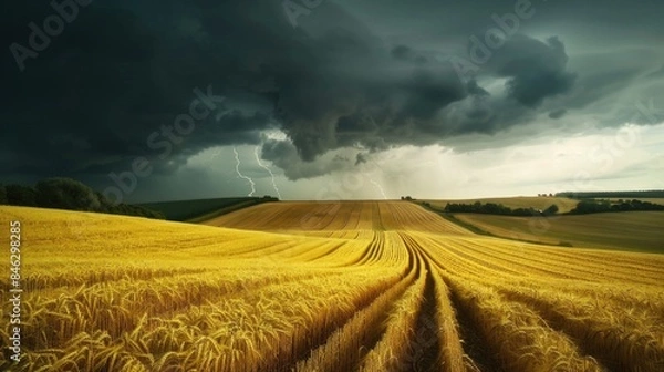 Fototapeta Dramatic Thunderstorm Over Golden Wheat Field