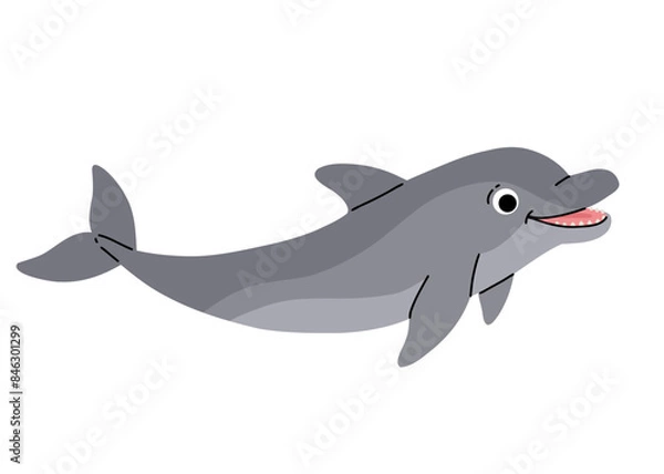 Fototapeta Vector cartoon illustrations of bottlenose common dolphin on a white background. Flat cute icon of dolphin. Underwater world, ocean, underwater inhabitants.