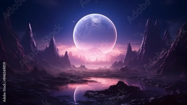 Fototapeta Futuristic Fantasy Landscape with Glowing Planet and Neon Lights