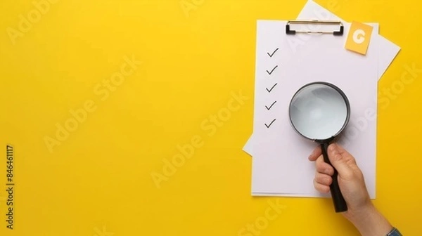 Fototapeta Checklist with Magnifying Glass on Yellow Background, Generative AI