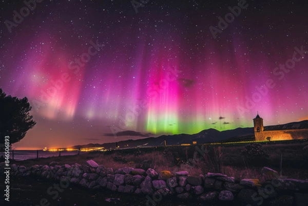 Fototapeta Northern Lights over a scenic beach with silhouetted trees and starry night sky in the background.