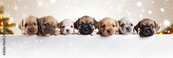 Fototapeta A cute puppies peeking out from behind a white board. Dogs with a defocused background. Promotional banner for animal shelter, pet shop or vet clinic.