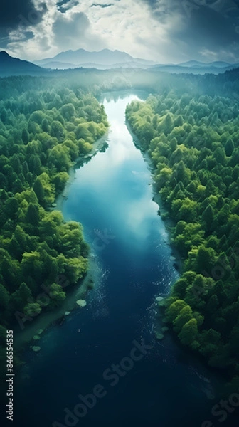 Fototapeta Bird's eye view of mysterious lake in deep forest