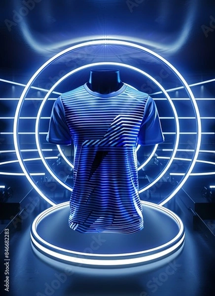 Fototapeta Blue and white striped shirt on pedestal, encircled by light