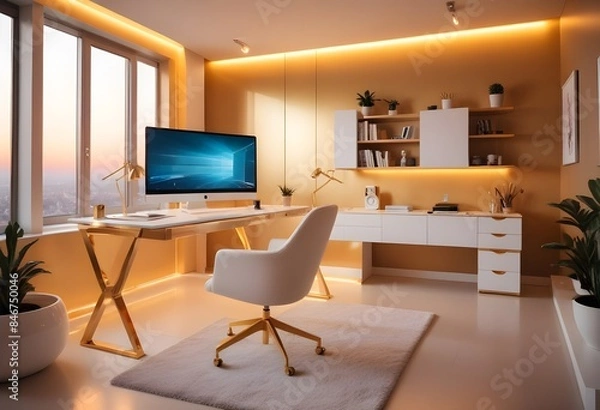 Fototapeta minimalist interior design style futuristic home office sleek furniture state of the art technology