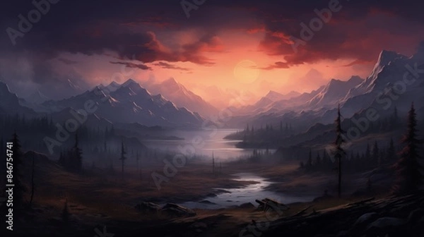 Fototapeta A Serene and Majestic Evening Sunset Over a Mountainous Lake and Forest Landscape