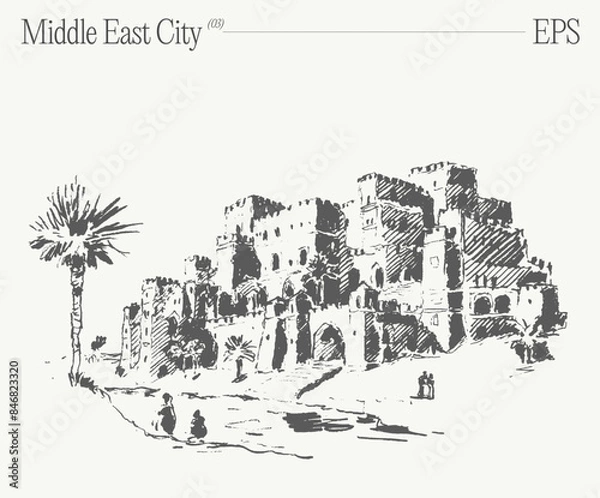 Fototapeta Hand drawn vector illustration of a buildings in the Middle East City, oasis in desert